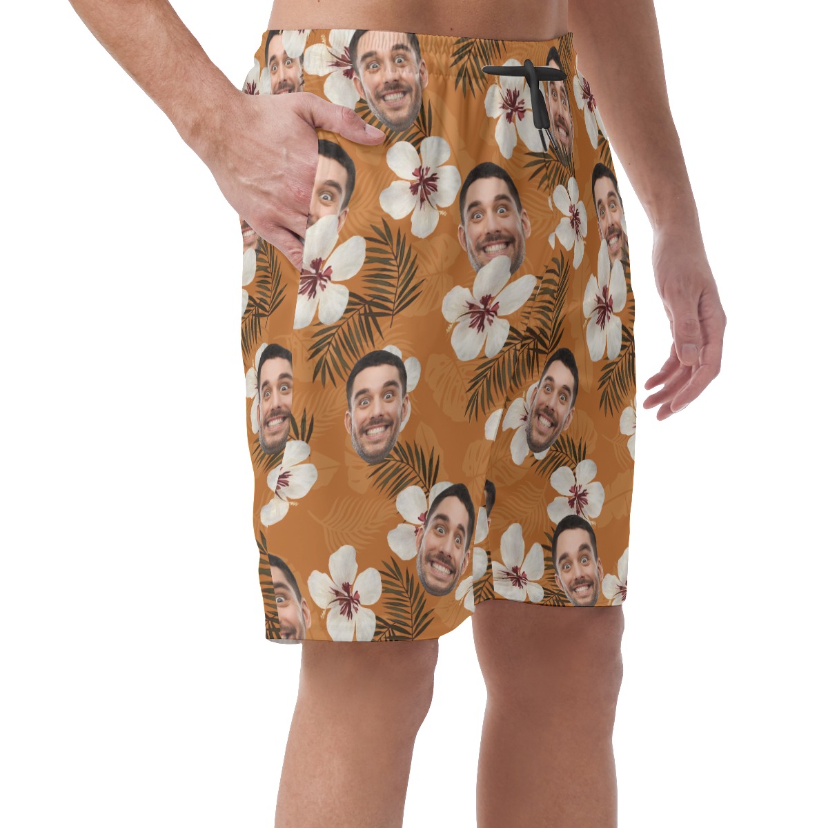Funny Custom Face Floral Orange Hawaiian Beach Shorts For Men