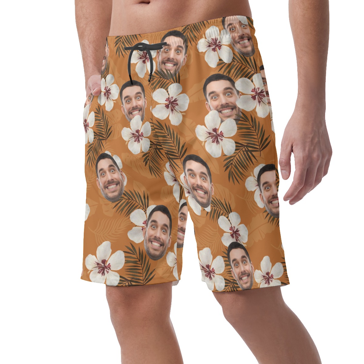Funny Custom Face Floral Orange Hawaiian Beach Shorts For Men