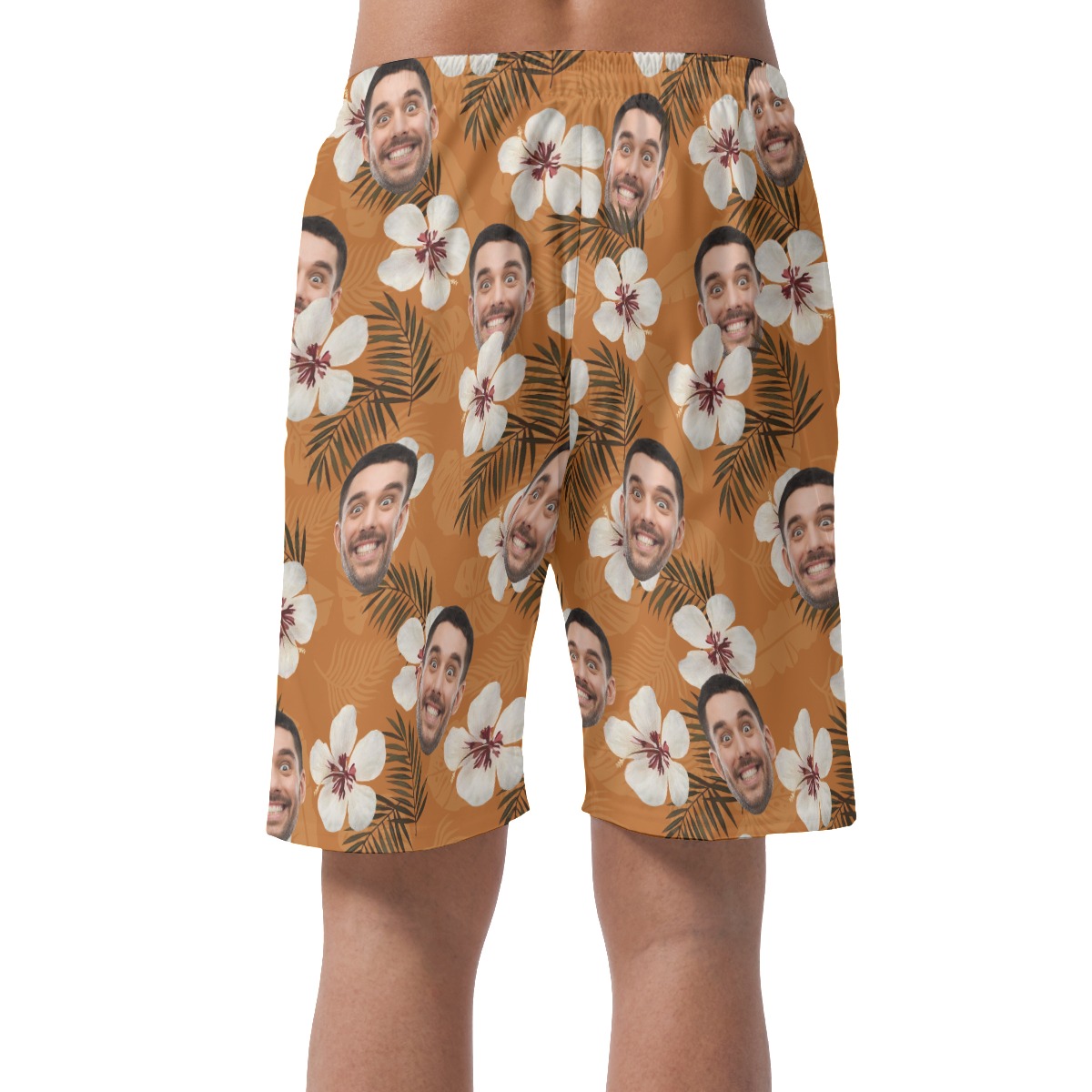 Funny Custom Face Floral Orange Hawaiian Beach Shorts For Men