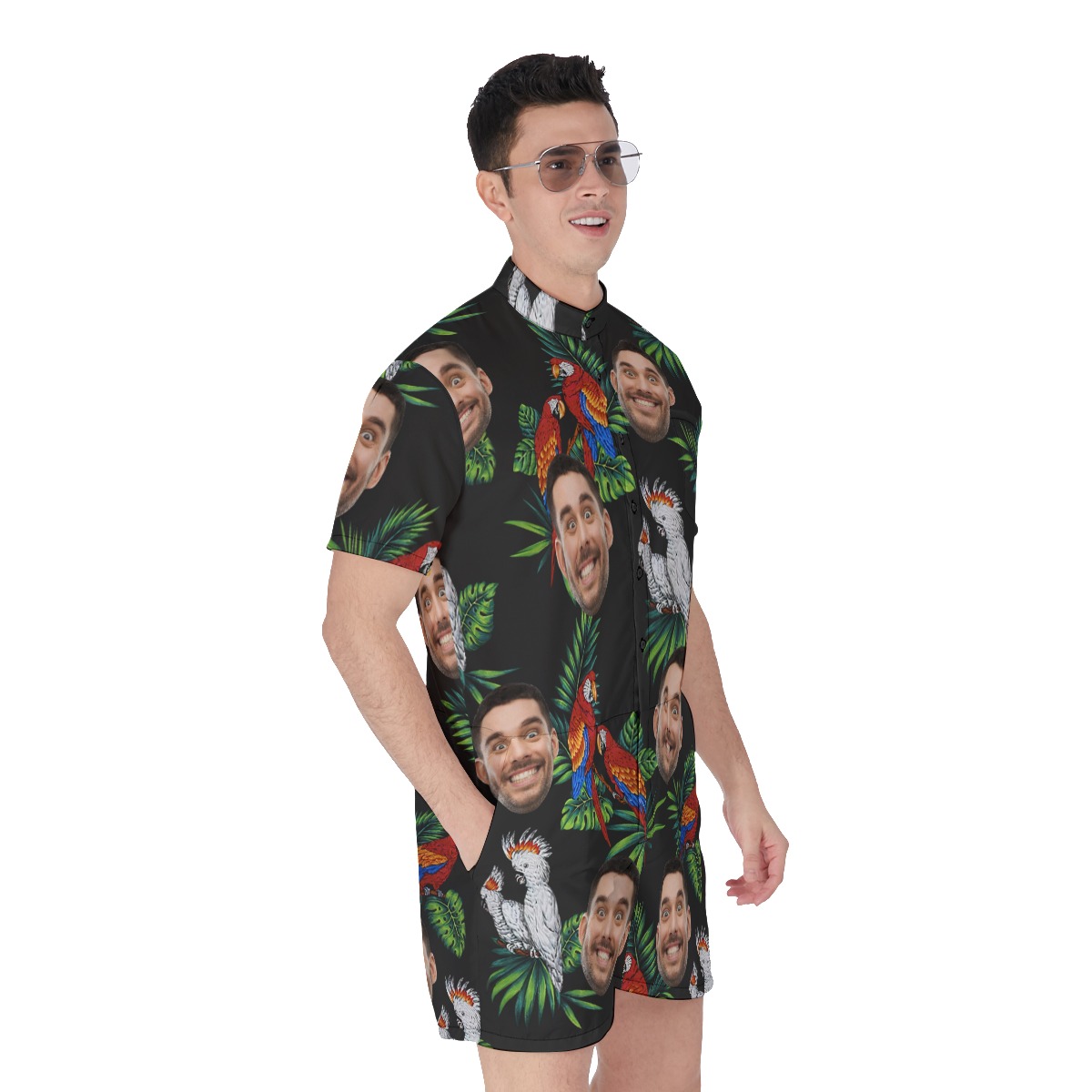 Custom Face Parrot Black Men's Hawaiian Romper
