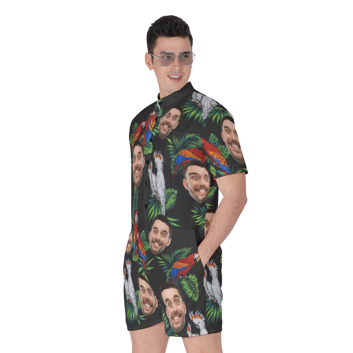 Custom Face Parrot Black Men's Hawaiian Romper