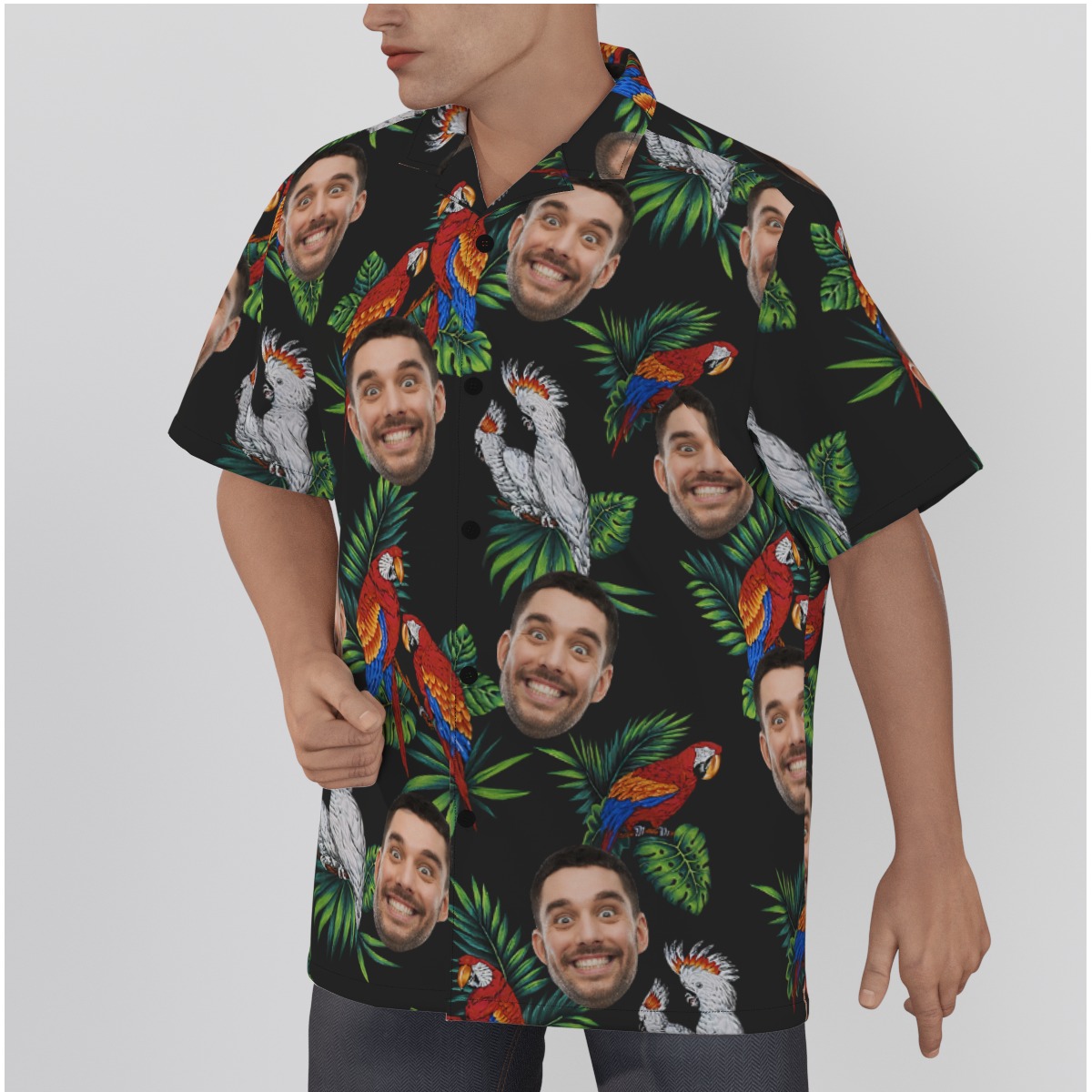 Custom Black Parrot Men's Hawaiian Shirt With Face