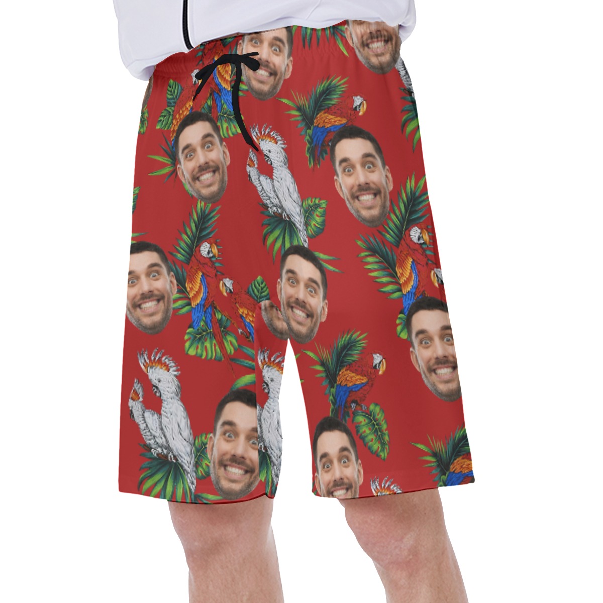 Custom Red Parrot Swim Trunks With Multiple Faces