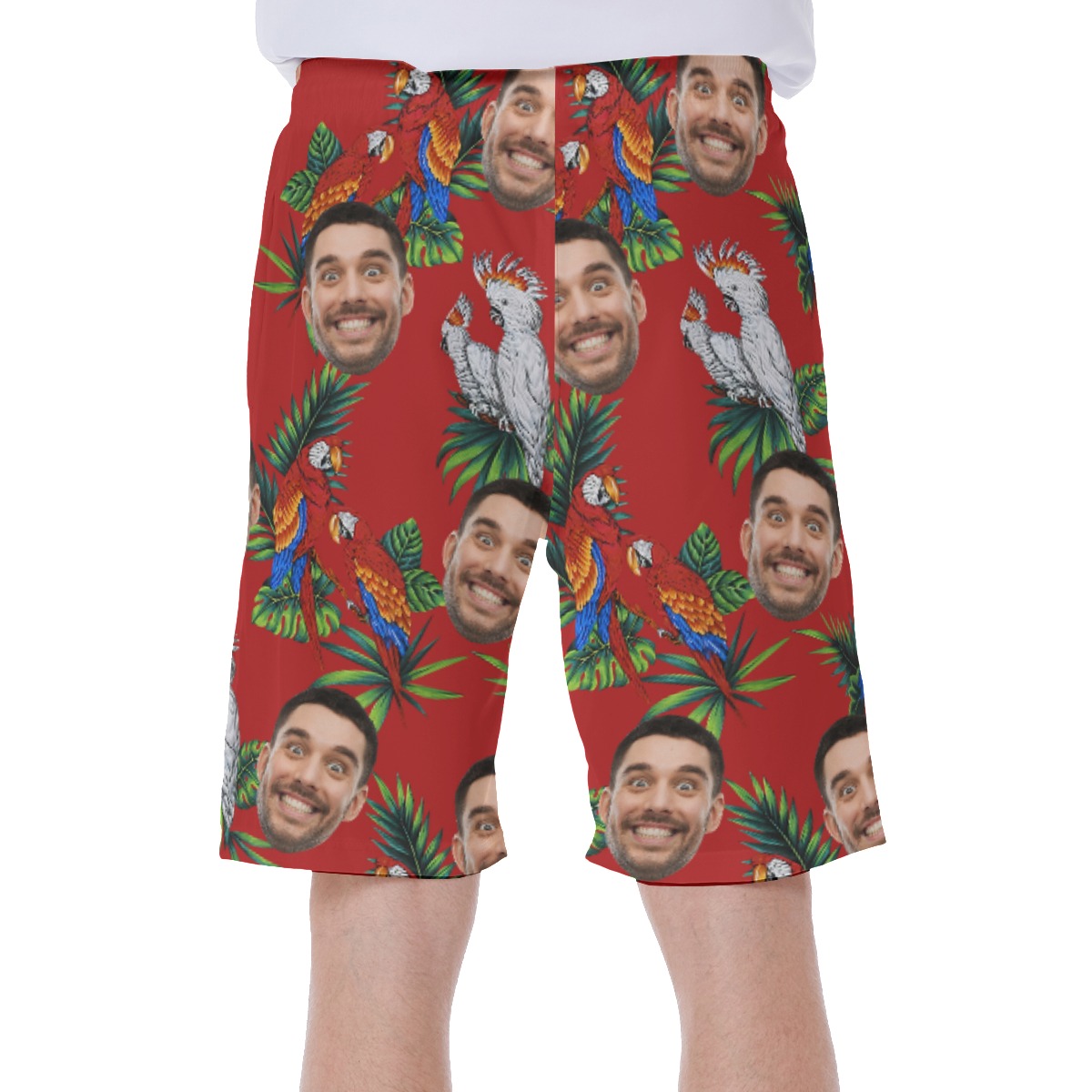 Custom Red Parrot Swim Trunks With Multiple Faces