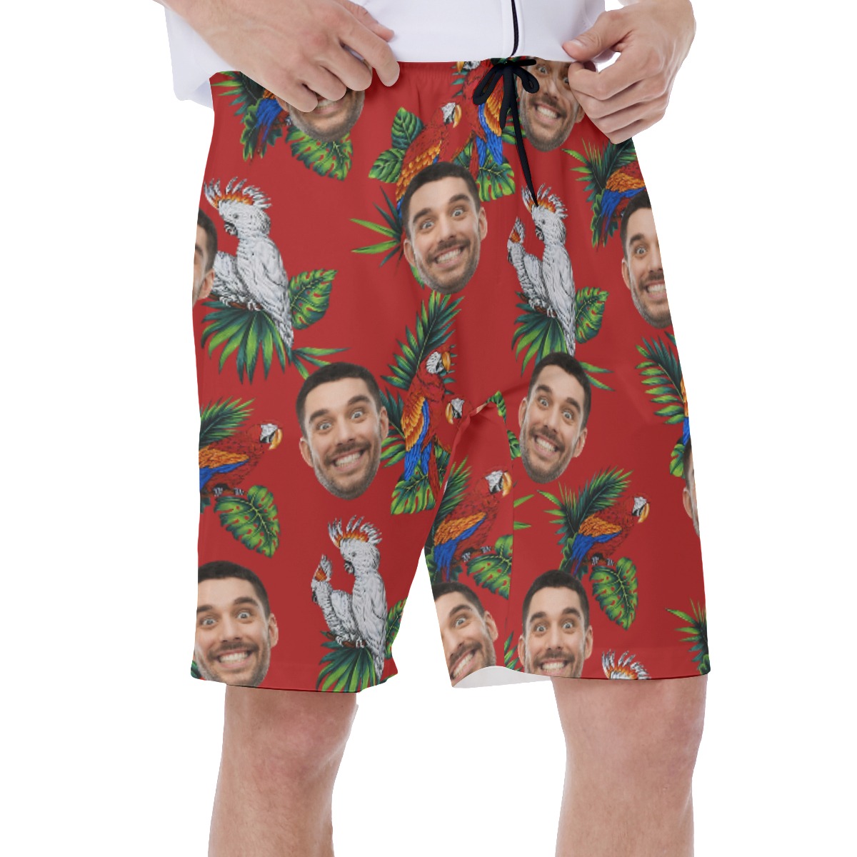 Custom Red Parrot Swim Trunks With Multiple Faces