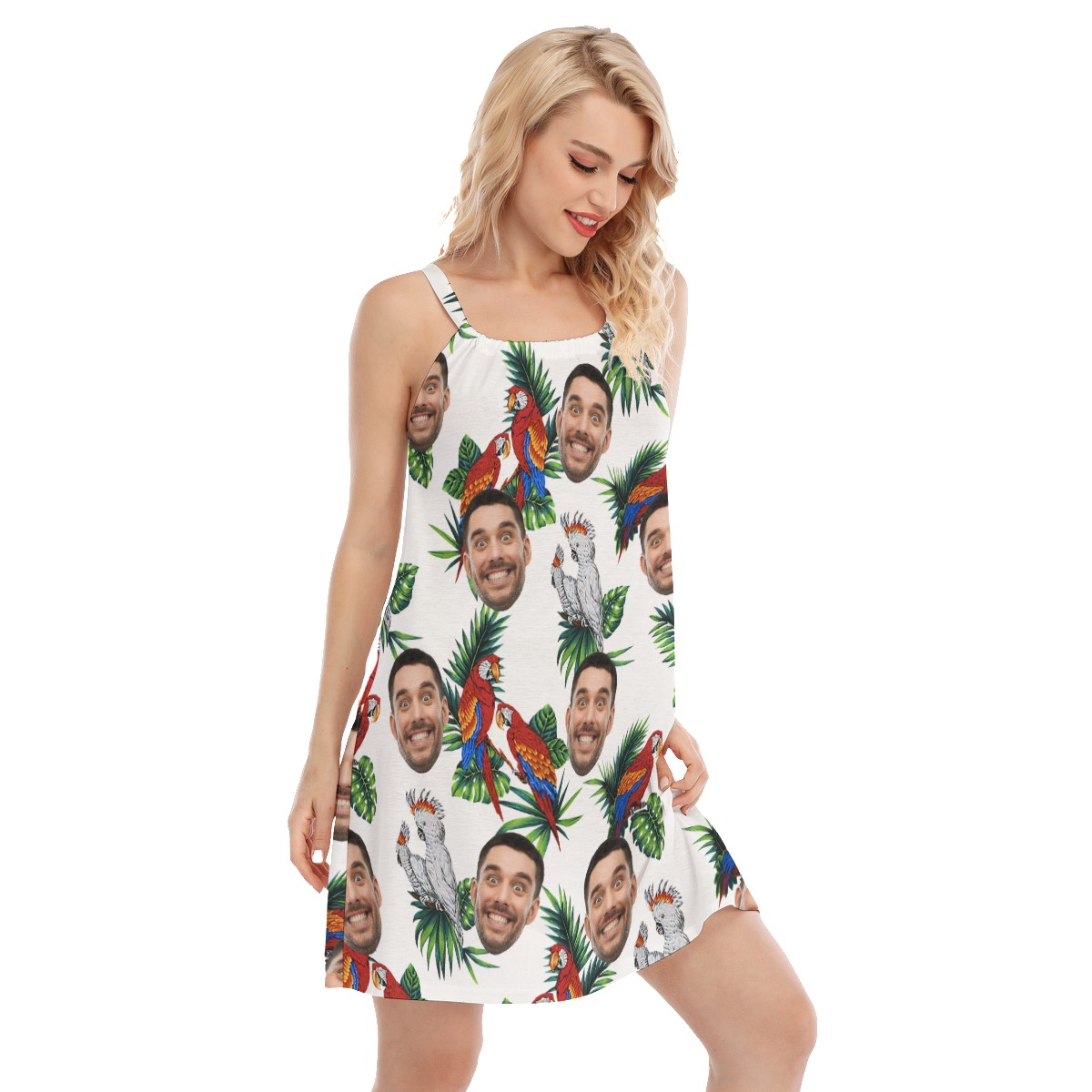 White Hawaiian Cami Dress With Custom Face And Parrot Pattern