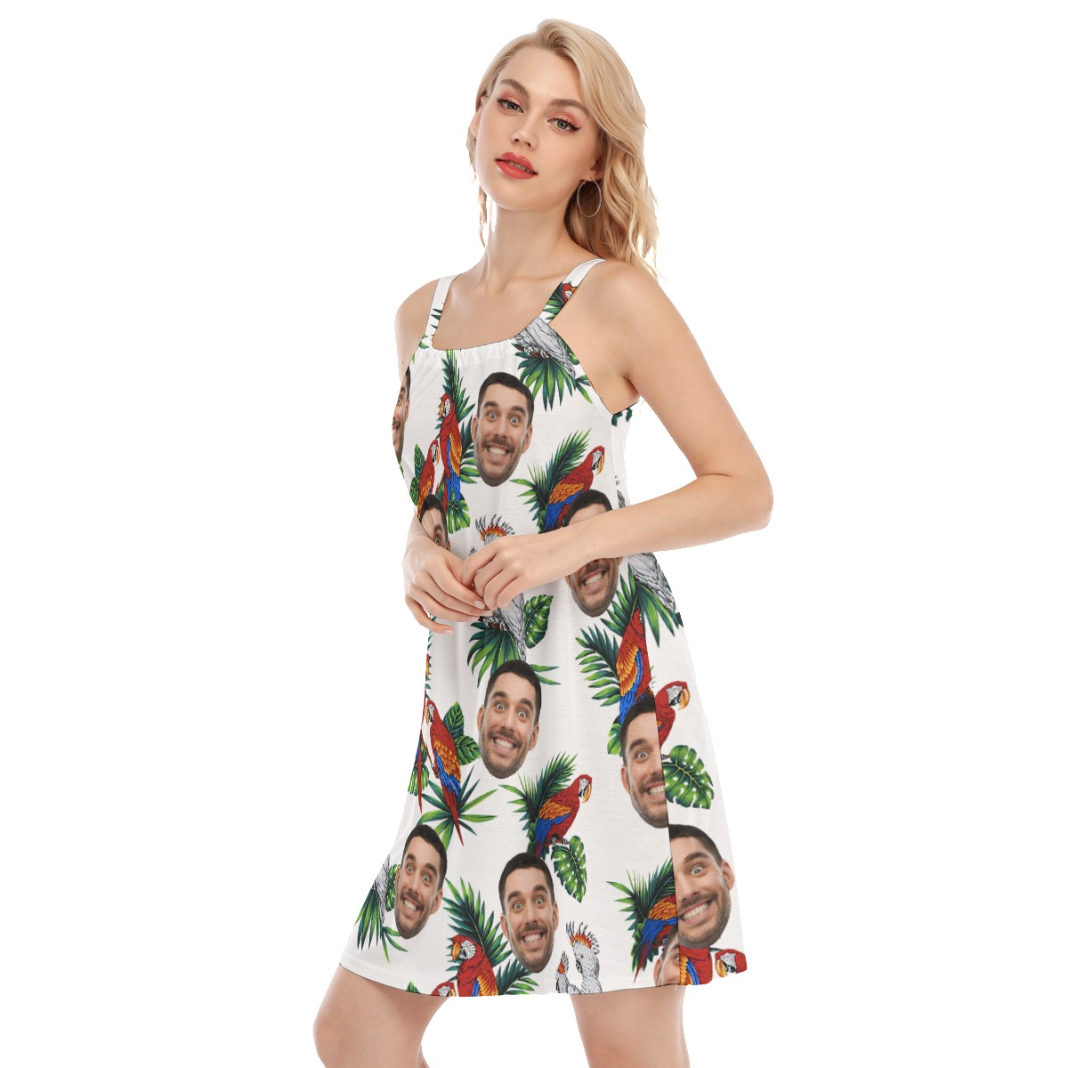 White Hawaiian Cami Dress With Custom Face And Parrot Pattern