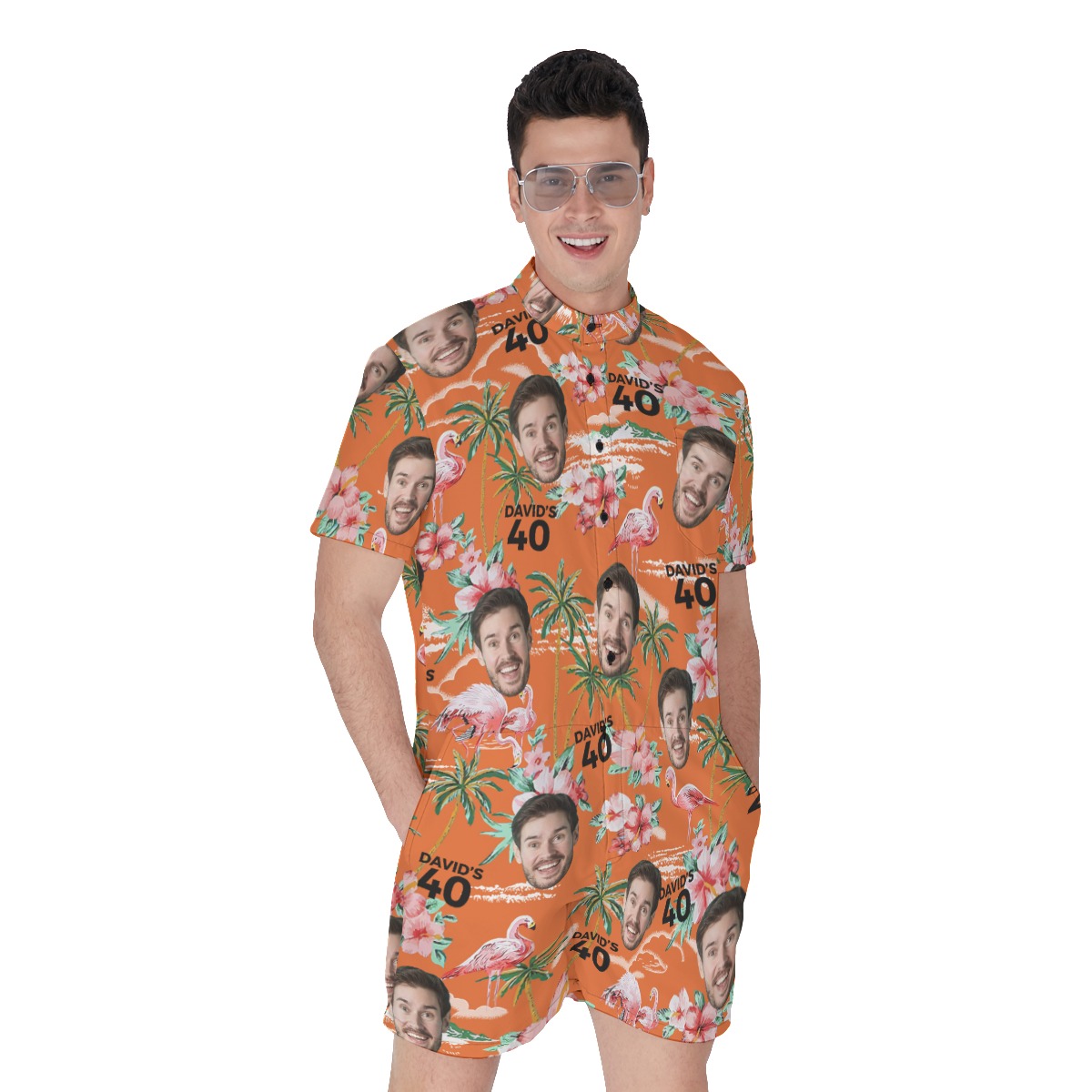 Custom Birthday Orange Hawaiian Romper With Face And Text - variant image 1