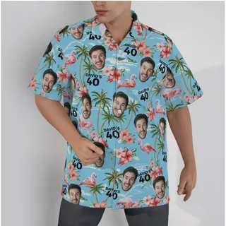 Light Blue Beach Themed Birthday Hawaiian Shirt With Custom Face
