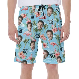 Light Blue Custom Face Men's Hawaiian Shorts For Birthday Beach Party