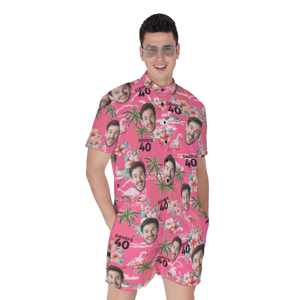 Unique Pink Birthday Mens Romper With Custom Face And Name - variant image 1
