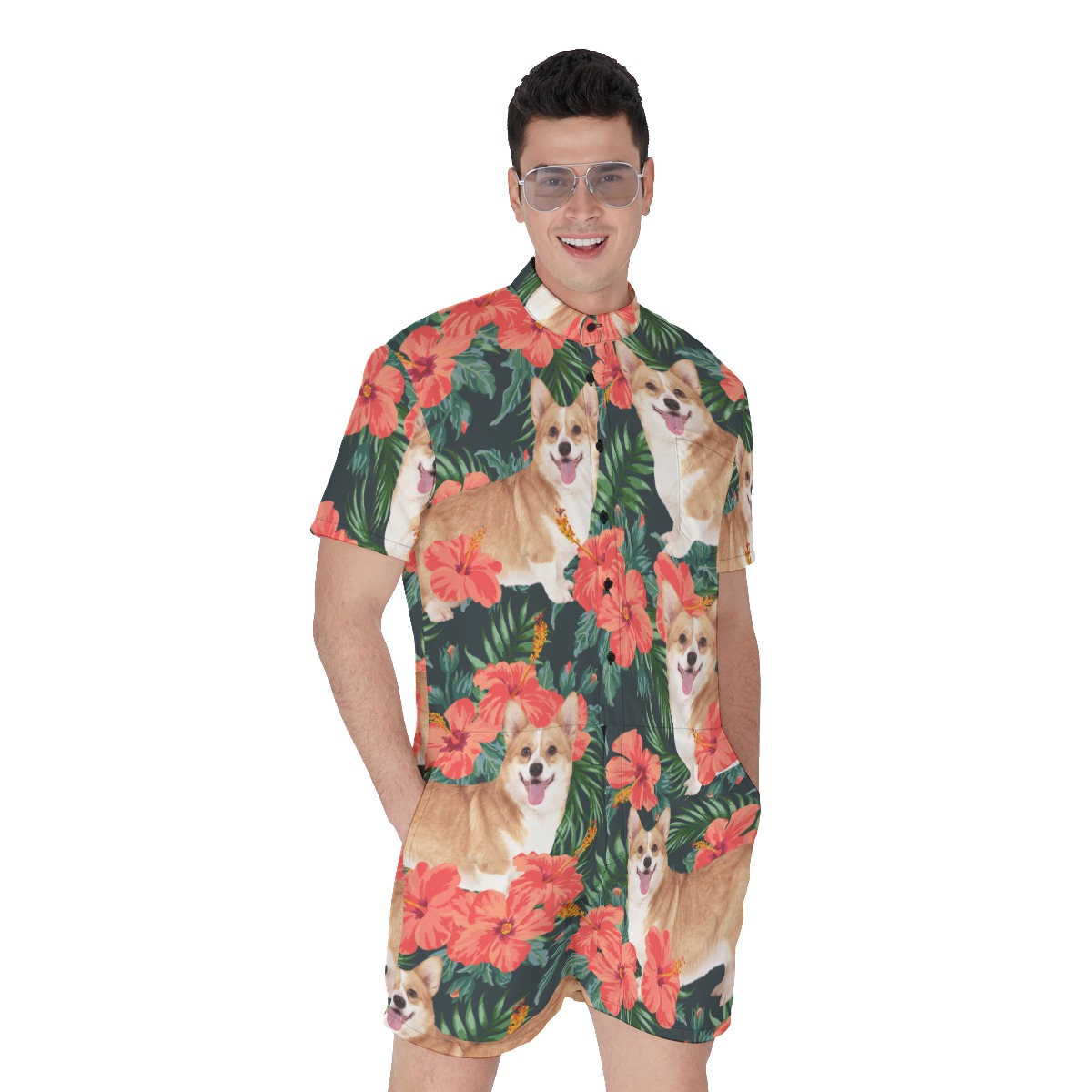 Floral Men's Hawaiian Romper With Custom Dog Face - variant image 1