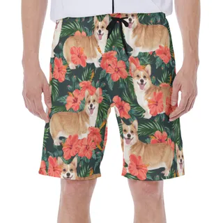 Custom Pet Face Floral Hawaiian Swim Trunks For Men