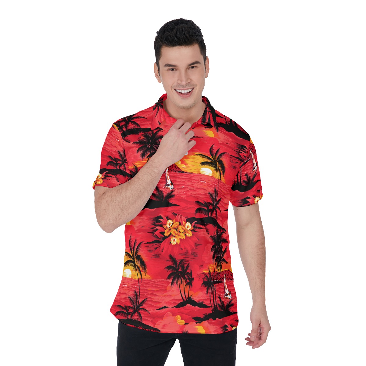 Tropical Beach Red Hawaiian Polo Shirt - variant image 1