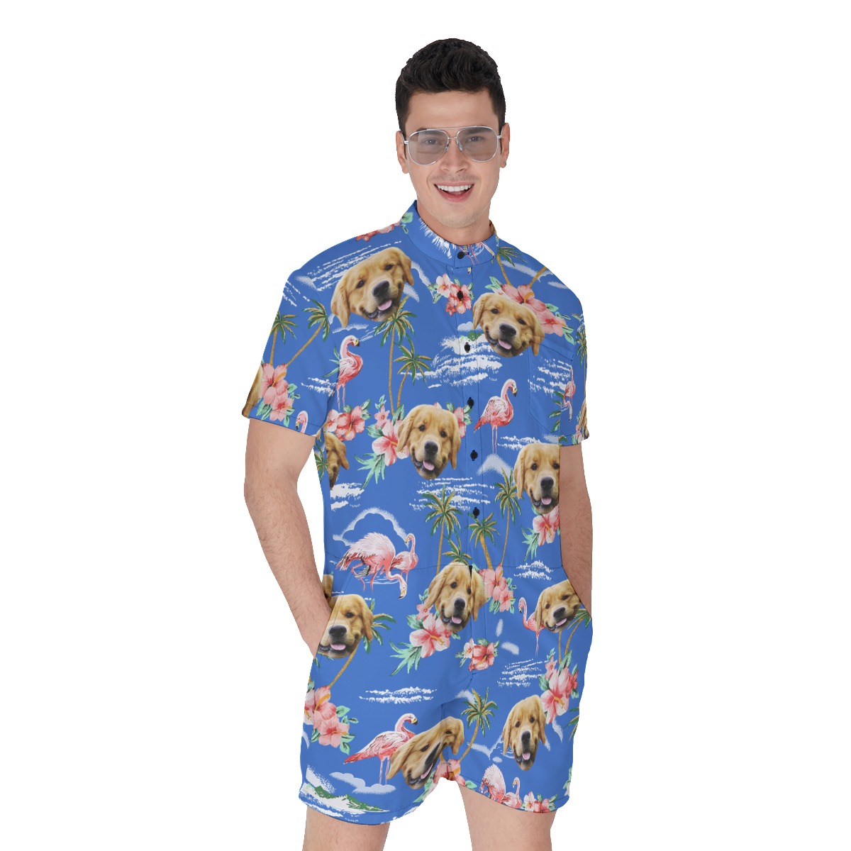 Blue Beach Palm Tree Men's Beach Romper With Dog Face - variant image 1