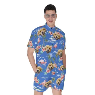 Blue Beach Palm Tree Men's Beach Romper With Dog Face