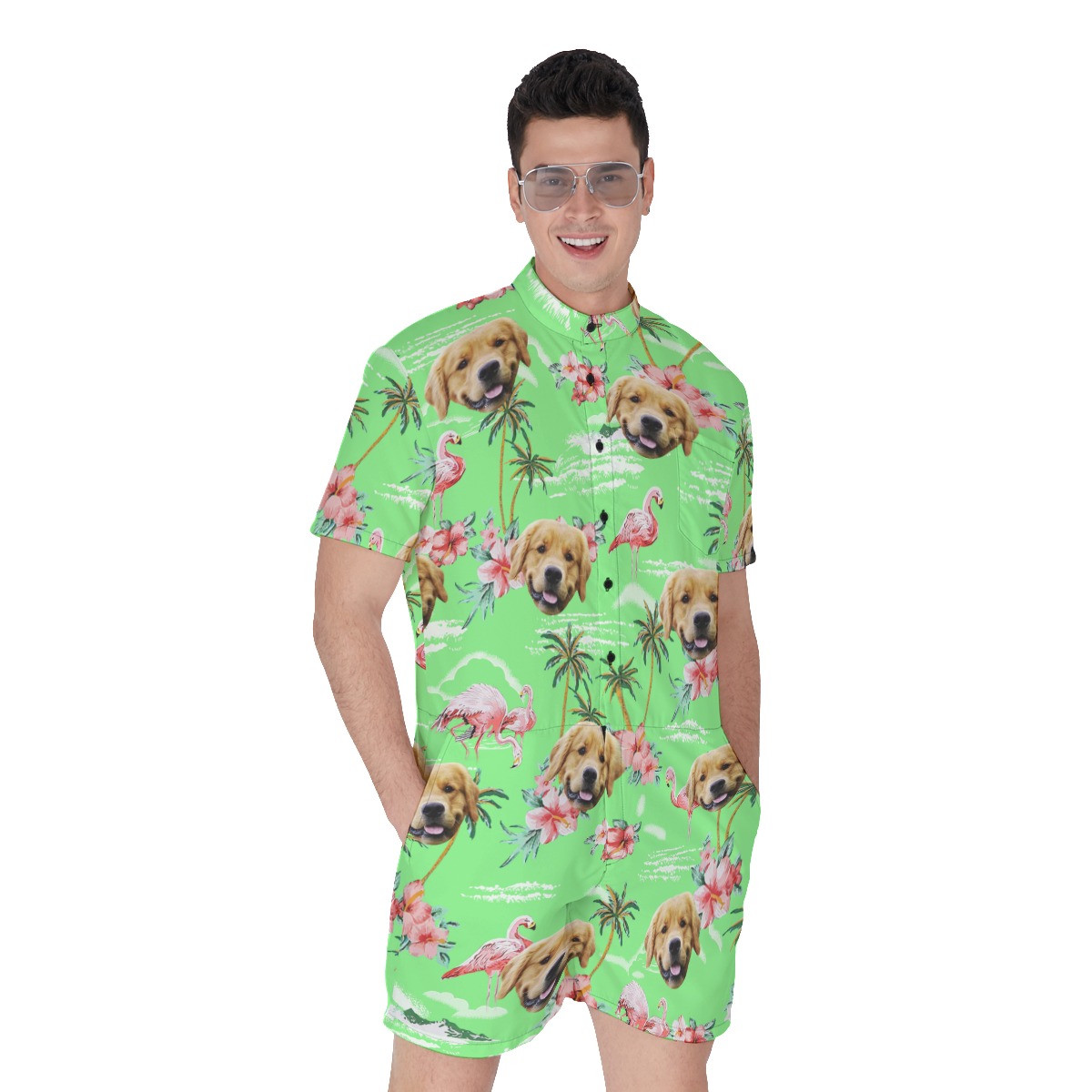 Beach Flamingo Green Men's Hawaiian Romper With Dog Face - variant image 1