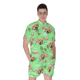 Beach Flamingo Green Men's Hawaiian Romper With Dog Face