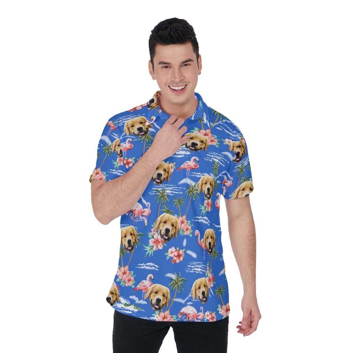 Blue Men's Collared Shirt With Custom Dog Face - variant image 1