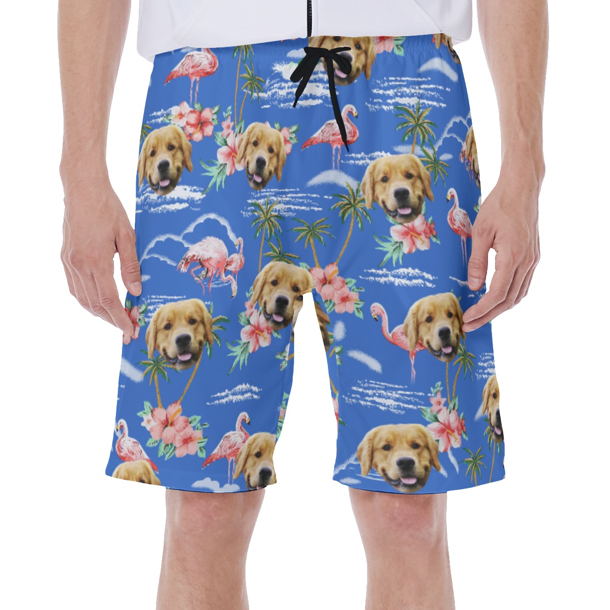 Blue Beach Palm Tree Men's Swim Trunks With Dog Face - variant image 1