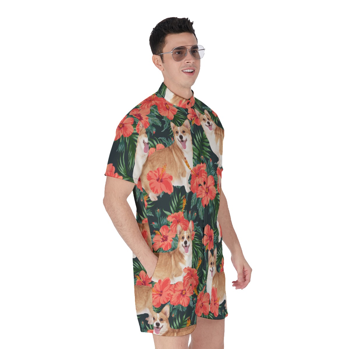 Floral Men's Hawaiian Romper With Custom Dog Face