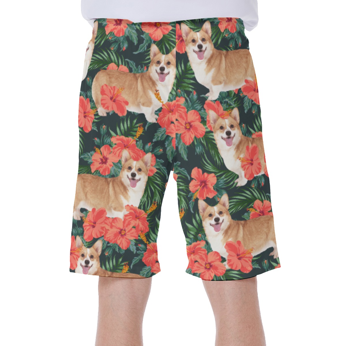 Custom Pet Face Floral Hawaiian Swim Trunks For Men
