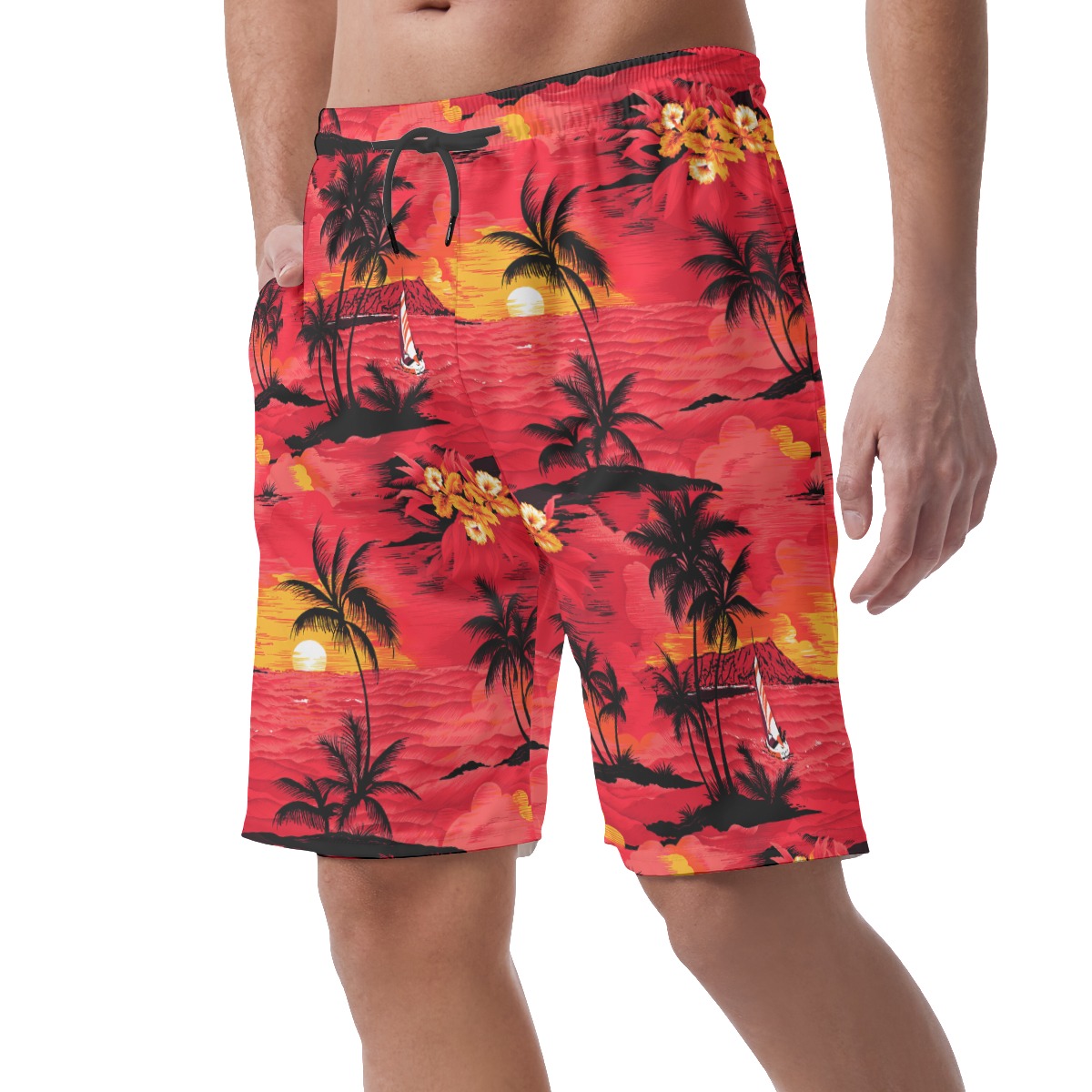 Red Sunset Aloha Summer Shorts For Men