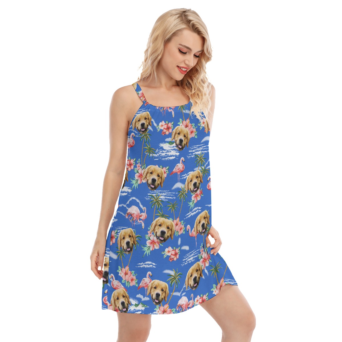 Blue Beach Palm Tree Custom Dog Face Cami Dress