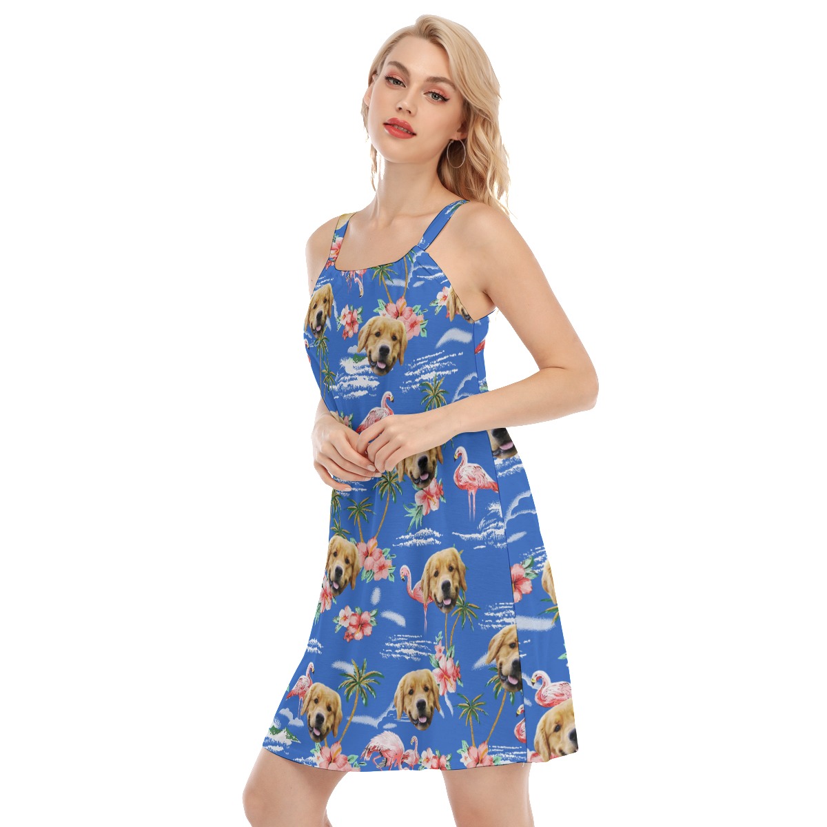 Blue Beach Palm Tree Custom Dog Face Cami Dress