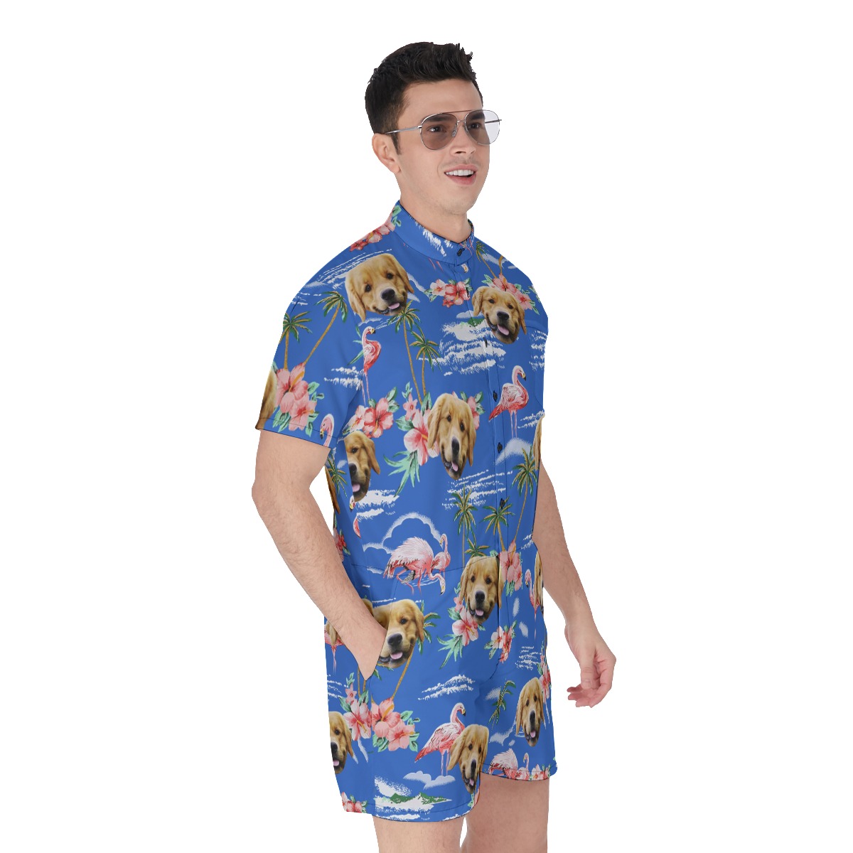 Blue Beach Palm Tree Men's Beach Romper With Dog Face