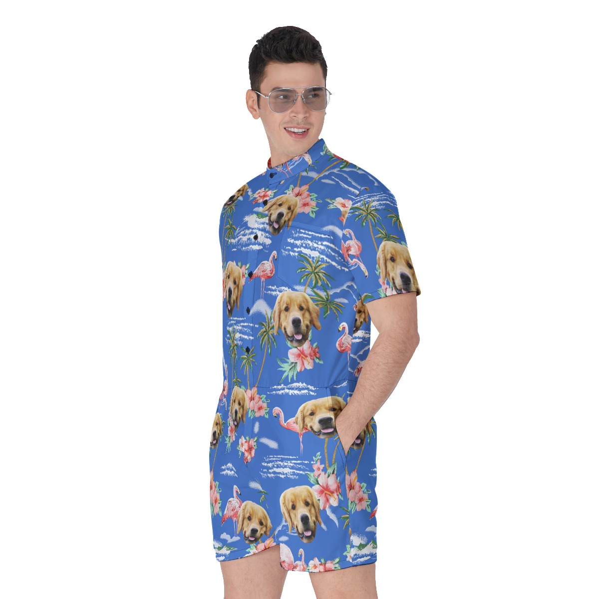 Blue Beach Palm Tree Men's Beach Romper With Dog Face