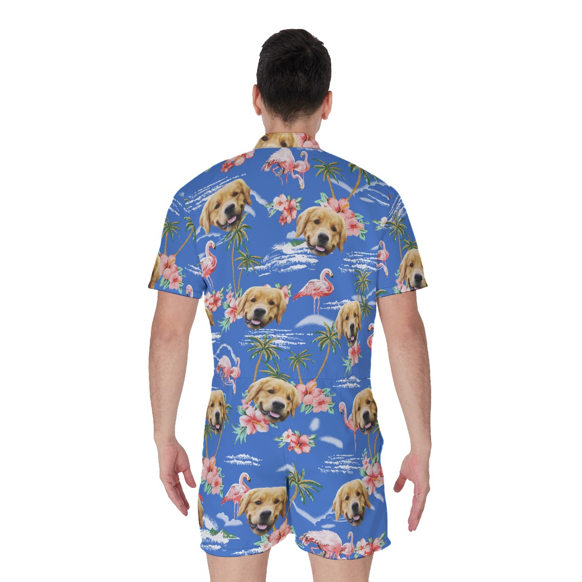 Blue Beach Palm Tree Men's Beach Romper With Dog Face