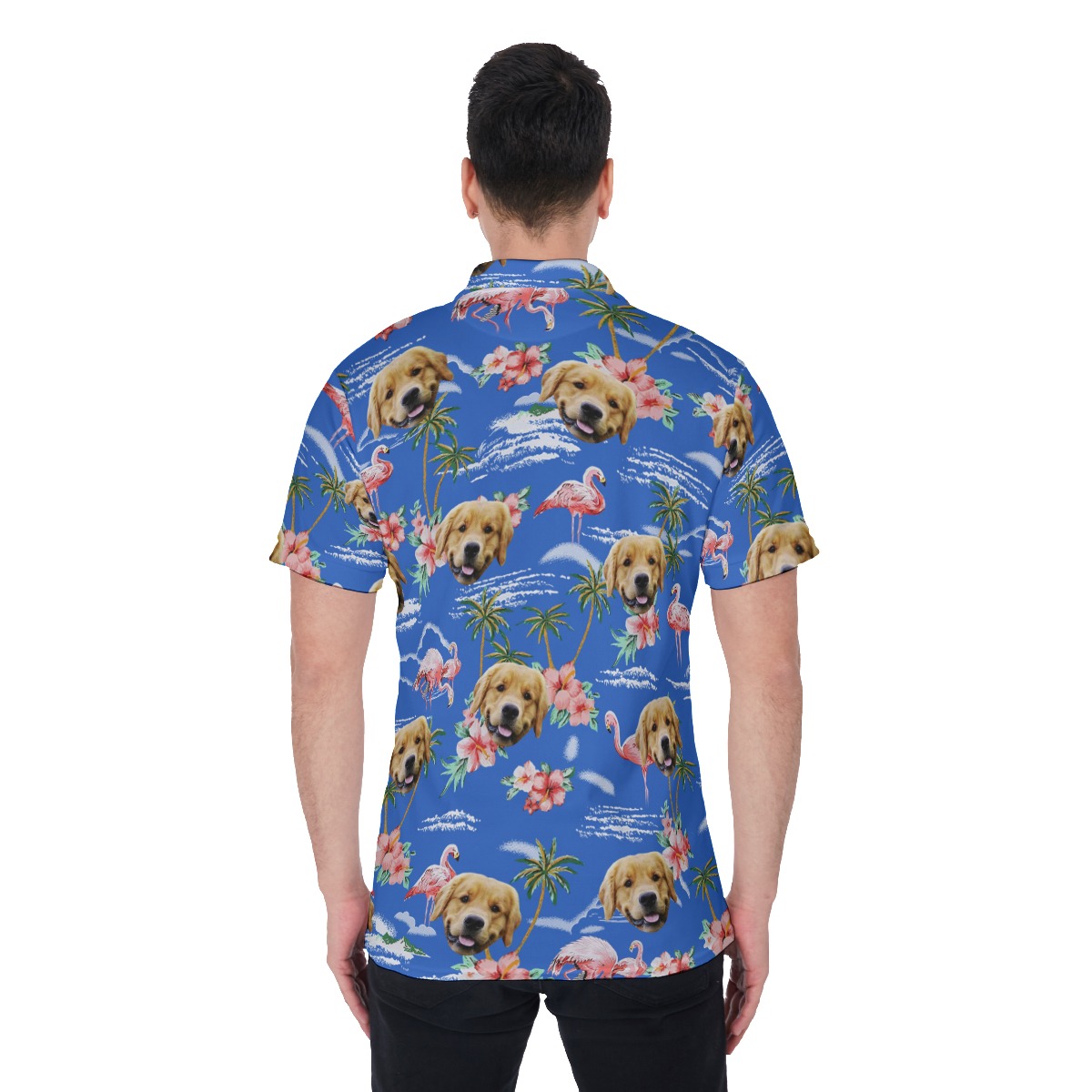 Blue Men's Collared Shirt With Custom Dog Face