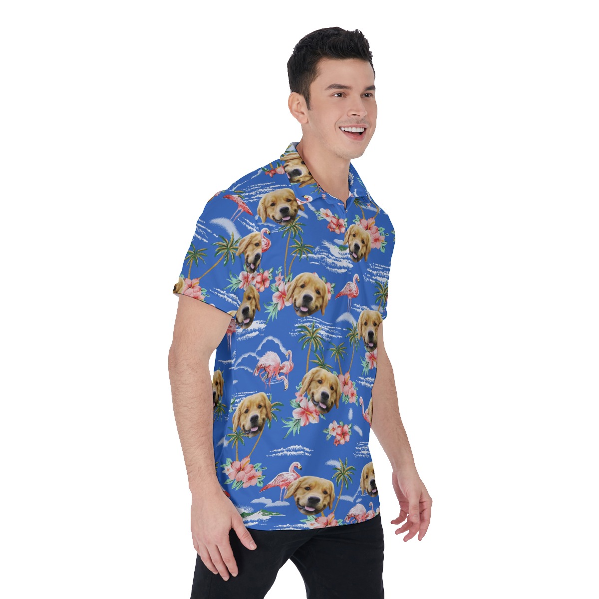 Blue Men's Collared Shirt With Custom Dog Face