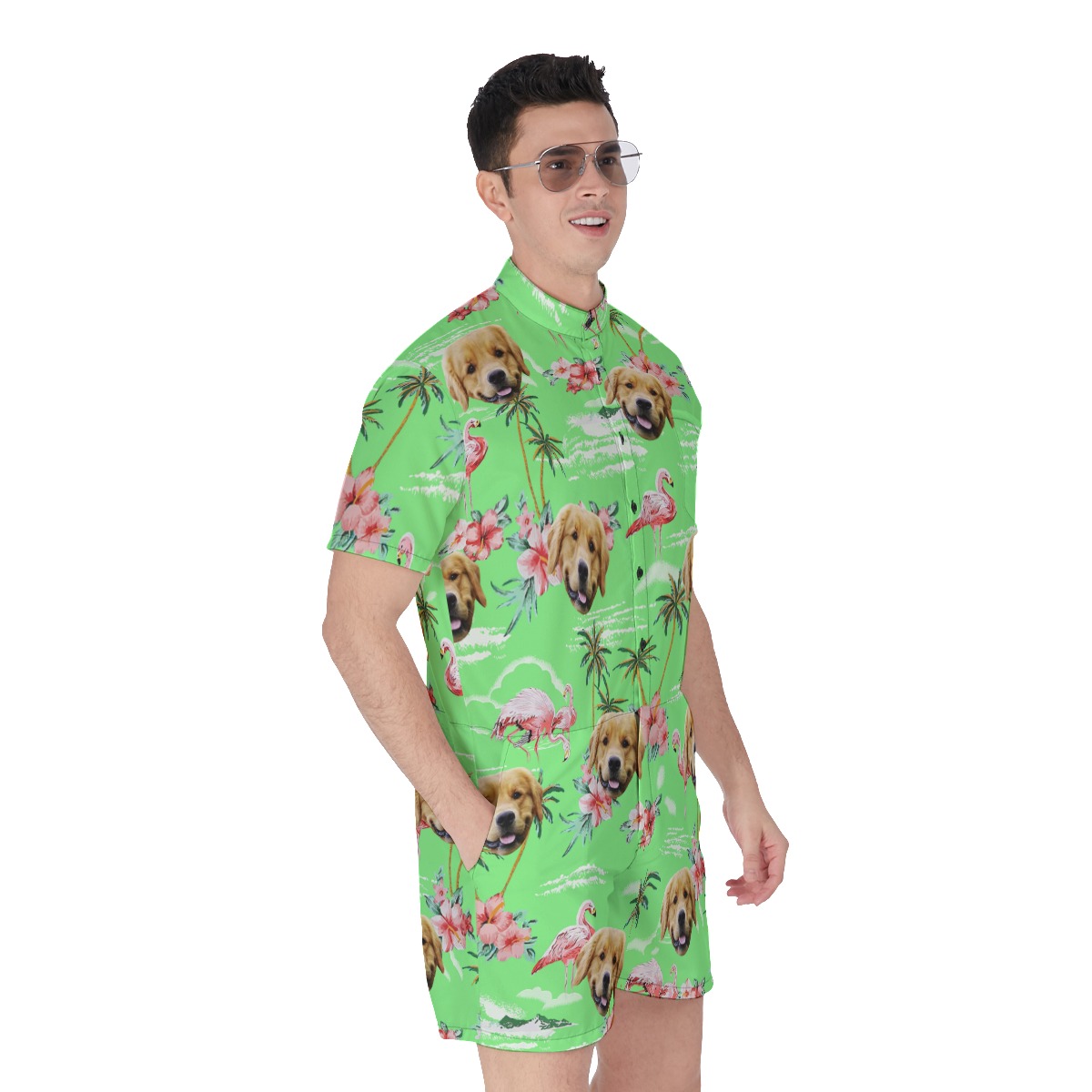 Beach Flamingo Green Men's Hawaiian Romper With Dog Face