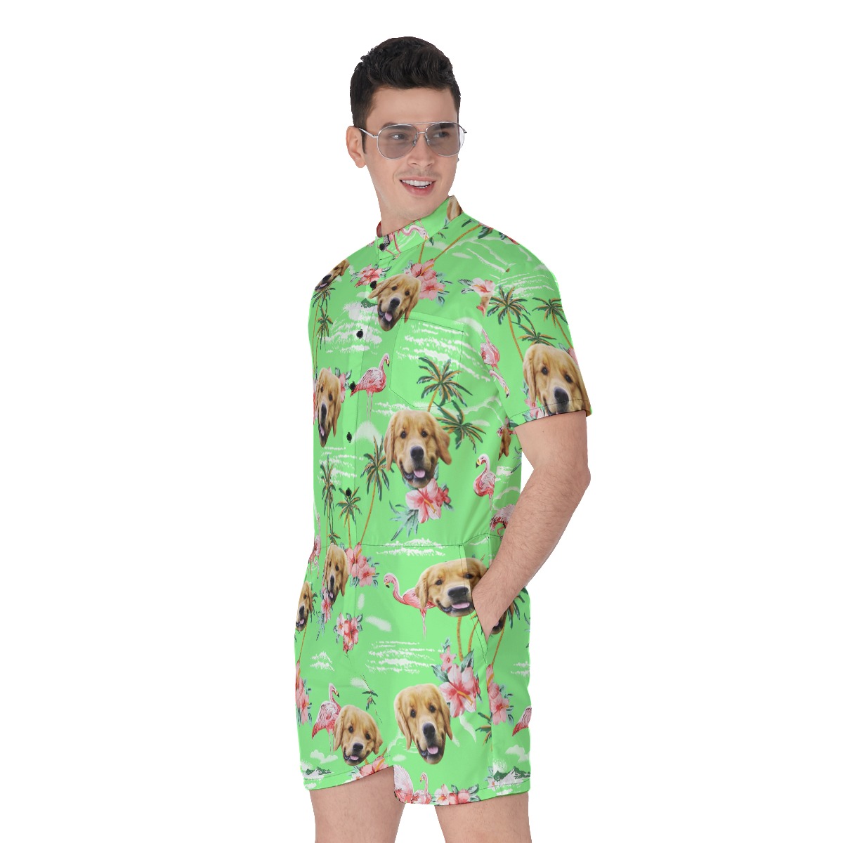 Beach Flamingo Green Men's Hawaiian Romper With Dog Face