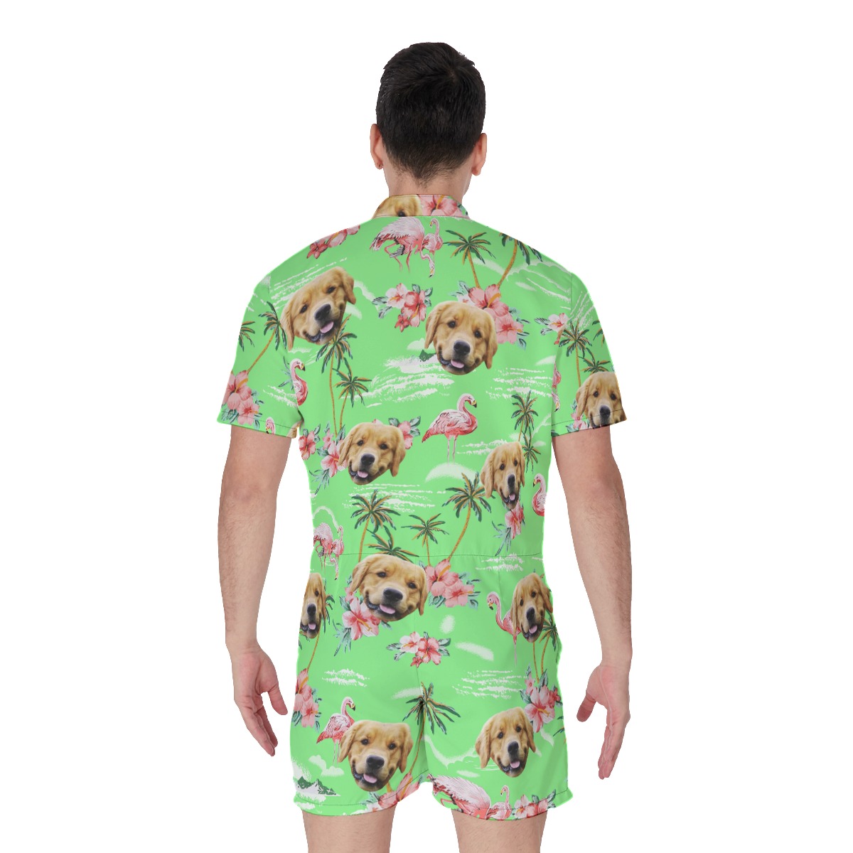 Beach Flamingo Green Men's Hawaiian Romper With Dog Face