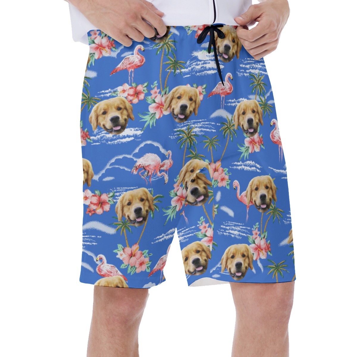 Blue Beach Palm Tree Men's Swim Trunks With Dog Face
