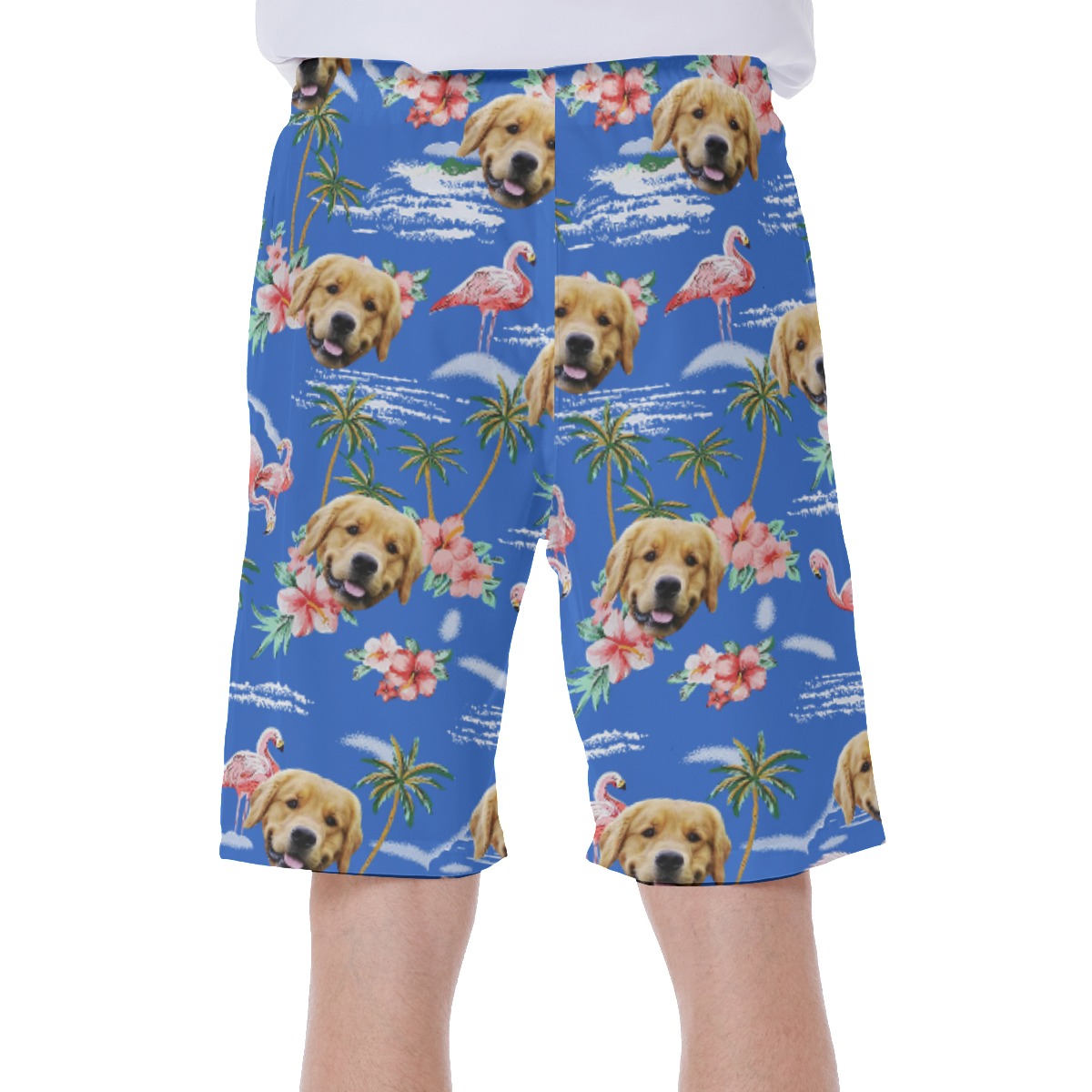 Blue Beach Palm Tree Men's Swim Trunks With Dog Face