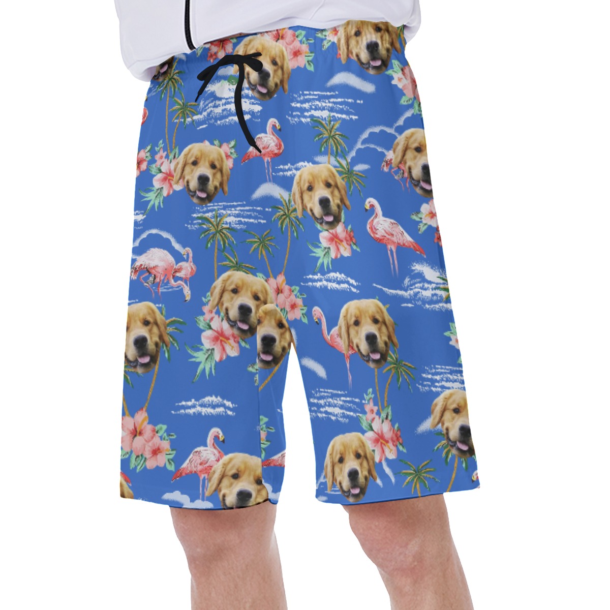 Blue Beach Palm Tree Men's Swim Trunks With Dog Face