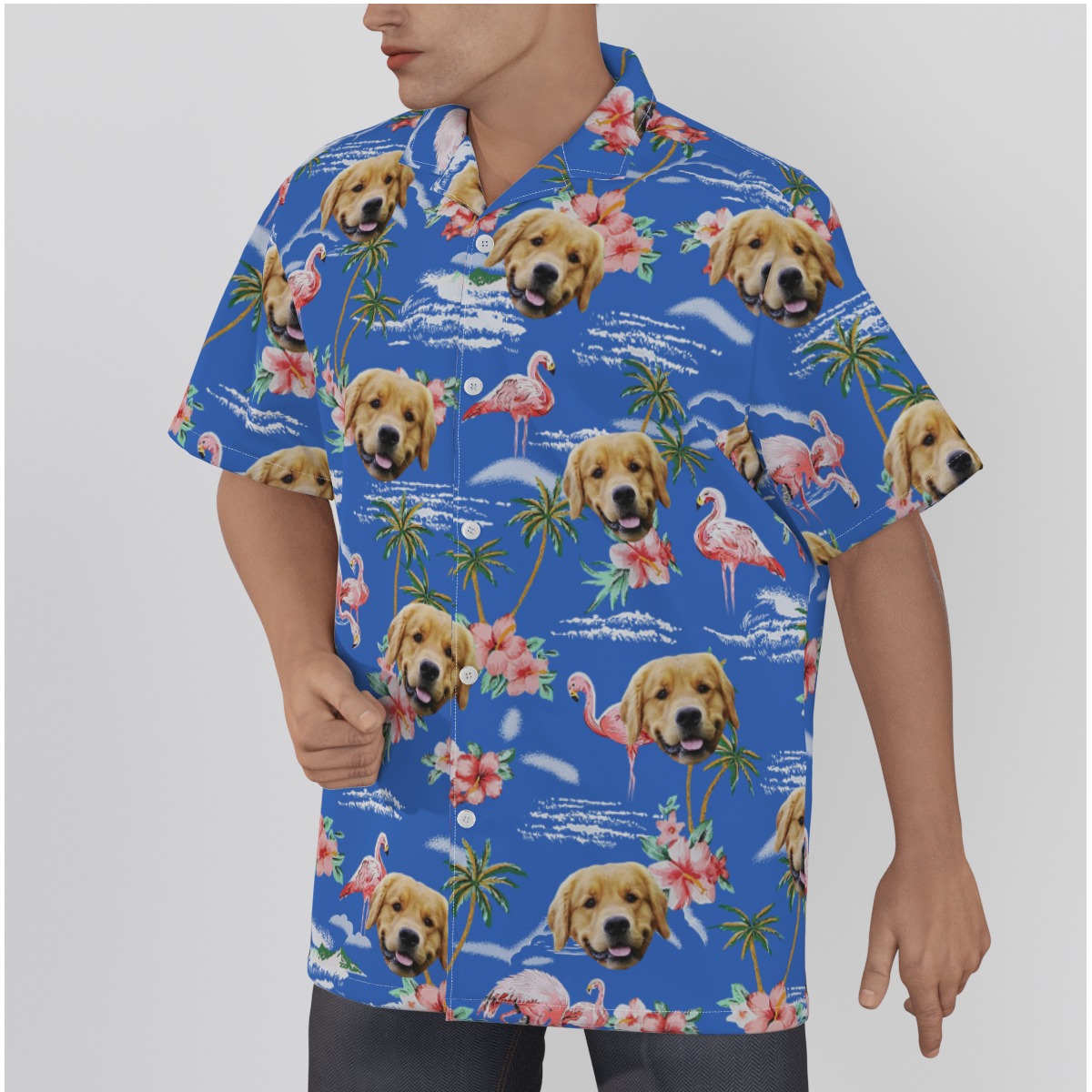 Blue Men's Hawaiian Shirt With Dog Face