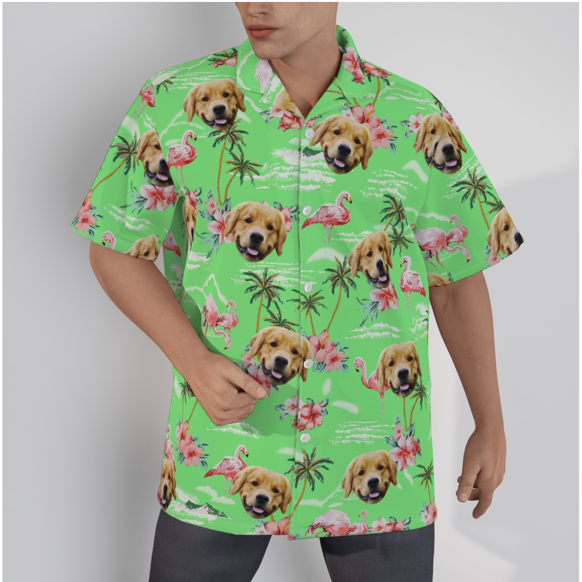 Green Flamingo Men's Button Up Shirt With Dog Face - variant image 1