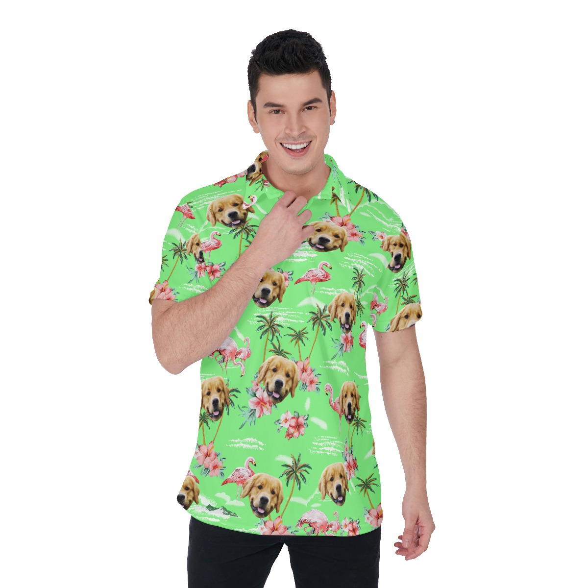 Green Flamingo Custom Dog Face Men's Beach Polo Shirt - variant image 1