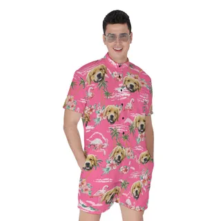 Funny Pink Flamingo Men's Hawaiian Romper With Custom Dog Face