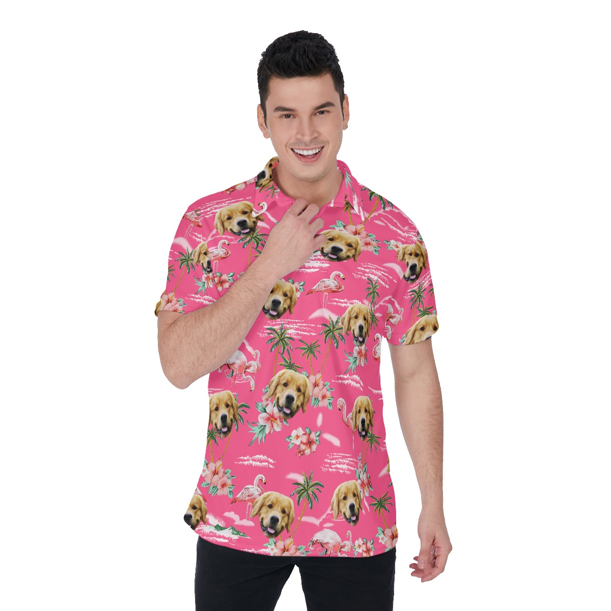 Cool Pink Men's Collared Polo Shirt With Dog Face - variant image 1