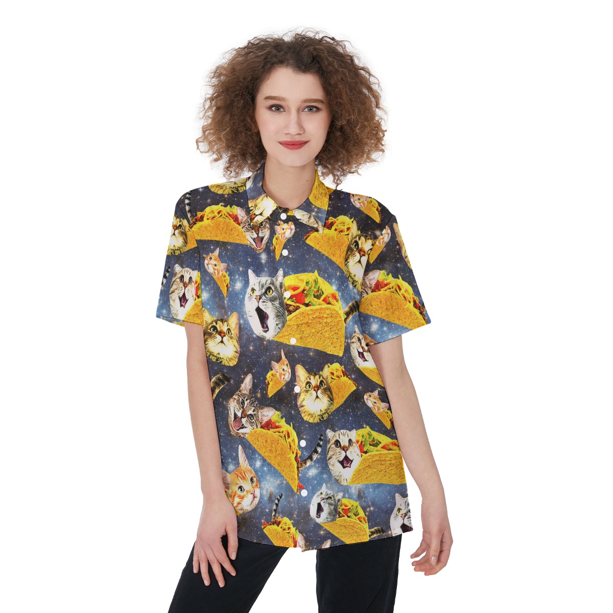 Funny Taco Cat Hawaiian Button Up Shirt For Women - variant image 1