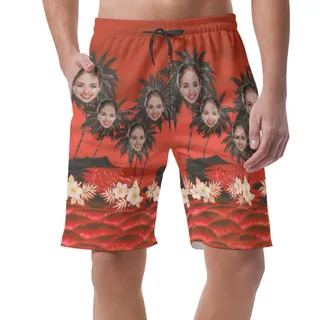 Palm Tree Custom Face Red Hawaiian Summer Beach Shorts For Men