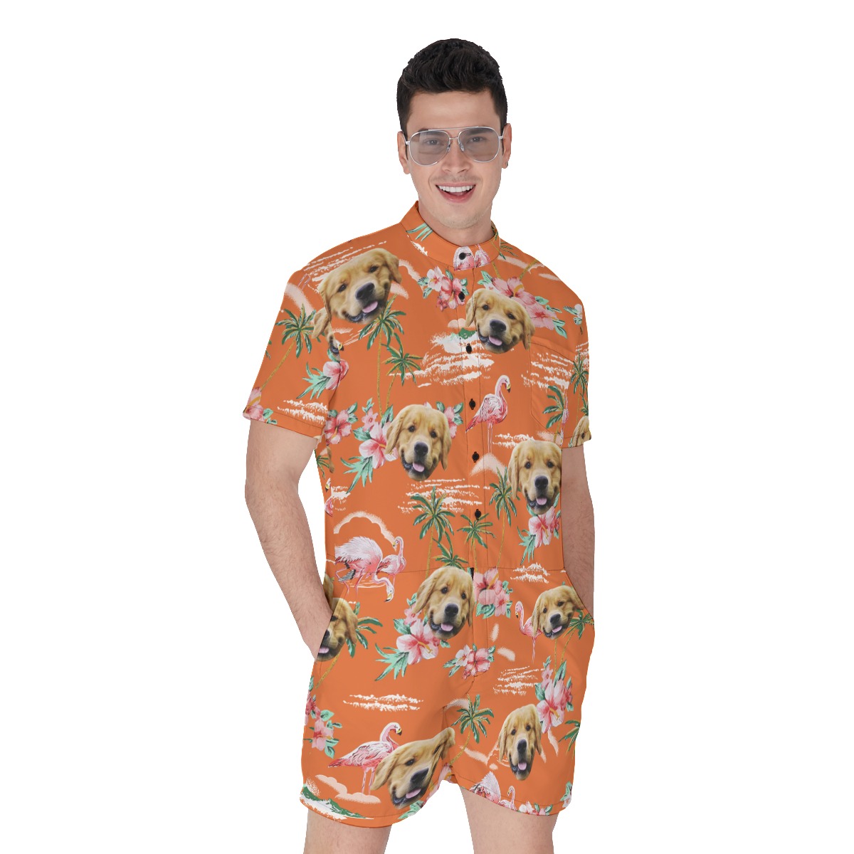 Orange Custom Dog Face Men's Hawaiian Romper - variant image 1