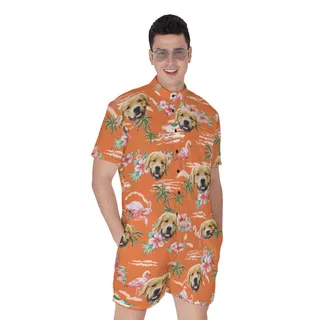 Orange Custom Dog Face Men's Hawaiian Romper