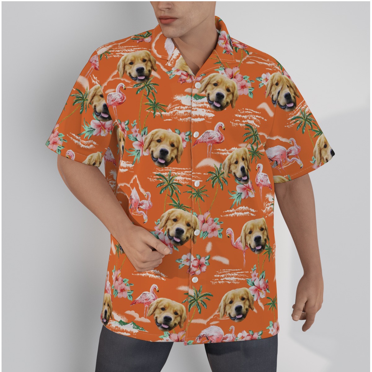 Orange Beach Flamingo Button Up Shirt With Dog Face - variant image 1